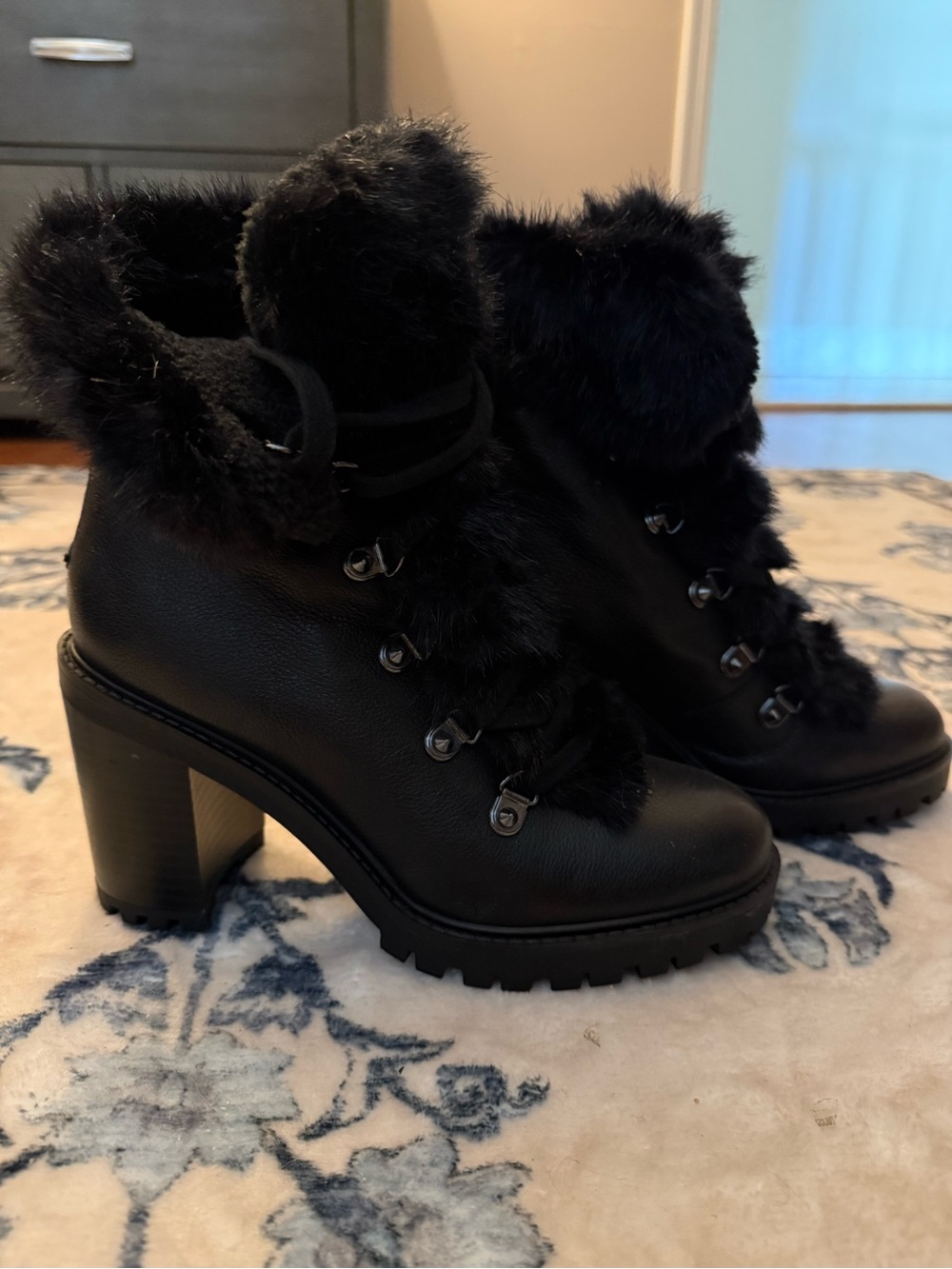 Guess by Marciano Black Faux-Fur Lace-Up Block Heel Ankle Boots
